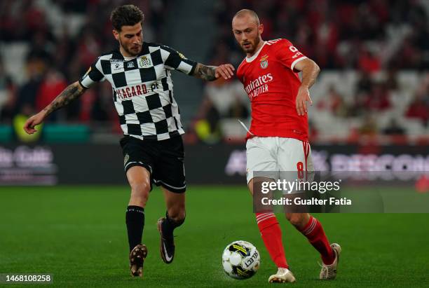 Fredrik Aursnes of SL Benfica with Bruno Lourenco of Boavista FC in action during the Liga Portugal Bwin match between SL Benfica and Boavista FC at...