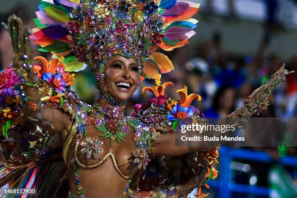 Sabrina Sato, Queen of Percussion of Vila Isabel samba school, performs during 2023 Carnival parades at Marquês de Sapucaí Sambodrome on February 19,...