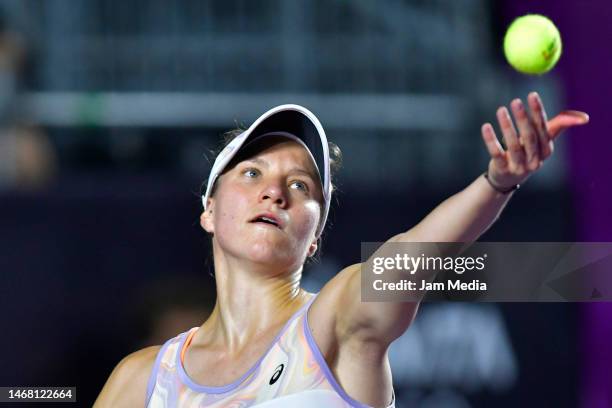 Viktorija Golubic of Switzerland serves in the first round singles match against Elisabetta Cocciaretto of Italy as part of the Merida Open Akron...