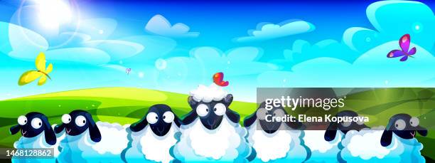 cartoon sheep grazing in the meadow against the backdrop of a sunny summer landscape with butterflies. - private property stock illustrations