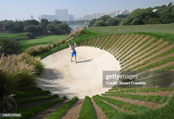 Daan Huizing of The Netherlands plays a shot during practice prior to the Hero Indian Open at Dlf Golf and Country Club on February 21, 2023 in India.
