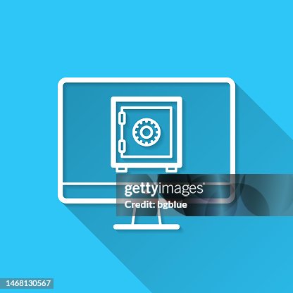 Desktop computer with safe box. Icon on blue background - Flat Design with Long Shadow Desktop computer with safe box. Icon on blue background - Flat Design with Long Shadow