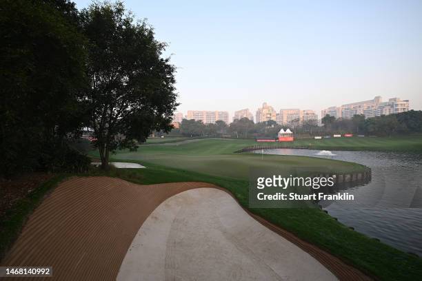 General view of the 18th hole prior to the Hero Indian Open at Dlf Golf and Country Club on February 21, 2023 in India.