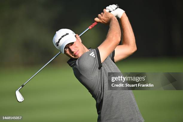 Guido Migliozzi of Italy plays a shot during practice prior to the Hero Indian Open at Dlf Golf and Country Club on February 21, 2023 in India.