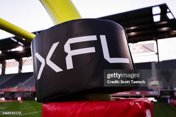 General view of the XFL logo on the goal post padding before the XFL game between the DC Defenders and the Seattle Sea Dragons at Audi Field on...