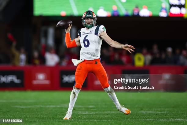 Ben DiNucci of the Seattle Sea Dragons attempts a pass against the DC Defenders during the second half of the XFL game at Audi Field on February 19,...