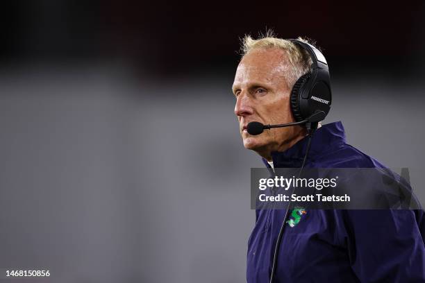 Head coach Jim Haslett of the Seattle Sea Dragons watches play during the second half of the XFL game against the DC Defenders at Audi Field on...