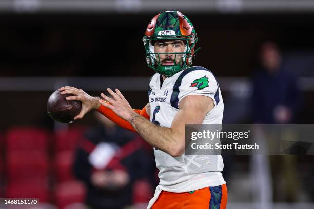 Ben DiNucci of the Seattle Sea Dragons looks to pass against the DC Defenders during the second half of the XFL game at Audi Field on February 19,...