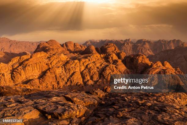 view from mount sinai at sunrise. beautiful mountain landscape in egypt - mt sinai stock pictures, royalty-free photos & images