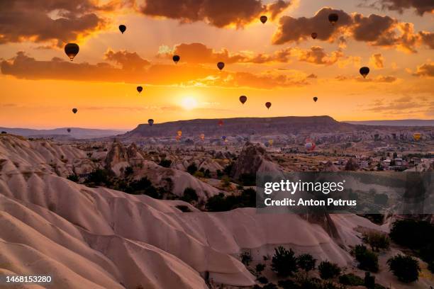 hot air balloons at sunrise over the beautiful landscape in cappadocia, turkey - anton petrus panorama of beautiful sunrise bildbanksfoton och bilder