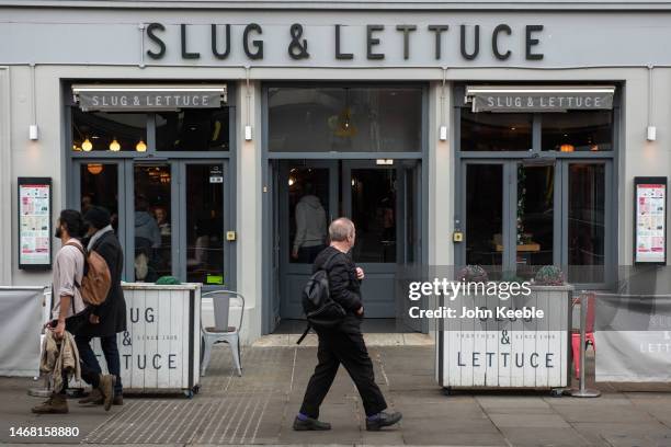 General view of a Slug and Lettuce bar and restaurant pub in the High Street on February 18, 2023 in Colchester, England .