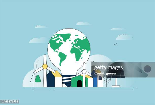 windkraftanlagen, photovoltaik-module, elektrisches licht, erde. energieeinsparung, neue energie-umweltschutz-konzeptkarte. - klimaschutz stock-grafiken, -clipart, -cartoons und -symbole