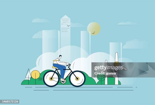 man, bicycle, wind turbine, energy saving, new energy environment protection concept illustration. . - another man stock illustrations