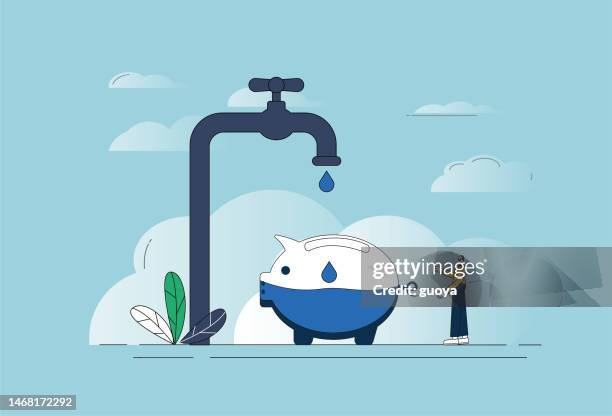 befüllen von wasser mit sparschwein, wassereinsparung und umweltschutzkonzeptdarstellung. - wasser sparen stock-grafiken, -clipart, -cartoons und -symbole