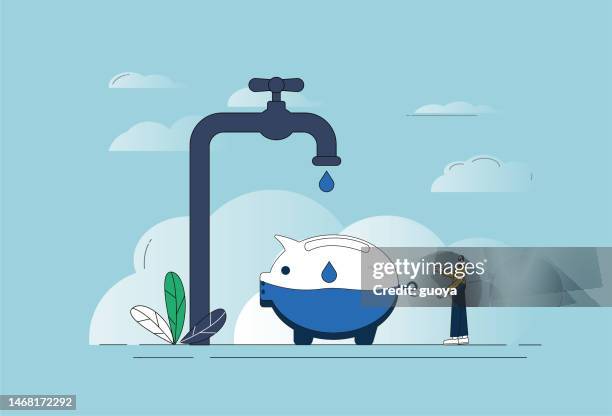 befüllen von wasser mit sparschwein, wassereinsparung und umweltschutzkonzeptdarstellung. - wasser oder zapfhahn stock-grafiken, -clipart, -cartoons und -symbole