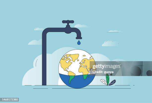 concept map of faucet, water drop, earth and water saving. - water valve stock illustrations