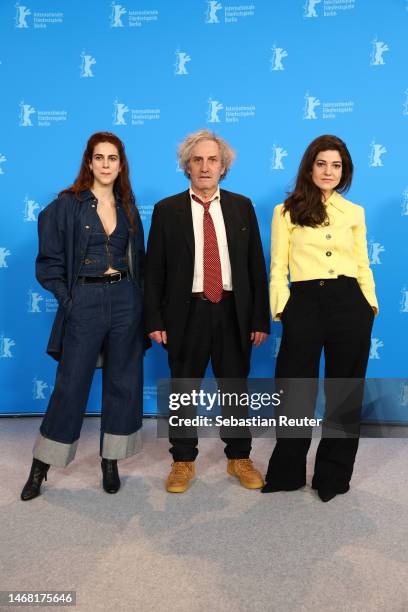 Lena Garrel, director and screenwriter Philippe Garrel and Esther Garrel attend the "Le grand chariot" photocall during the 73rd Berlinale...