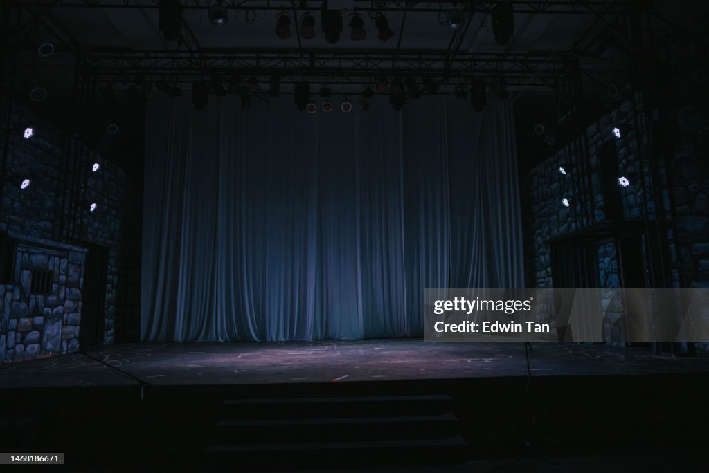 Music stage theater concert with backdrop illuminated with stage light