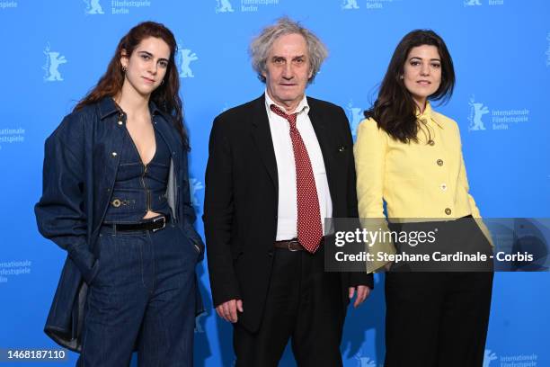 Lena Garrel, director and screenwriter Philippe Garrel and Esther Garrel attend the "Le grand chariot" premiere during the 73rd Berlinale...