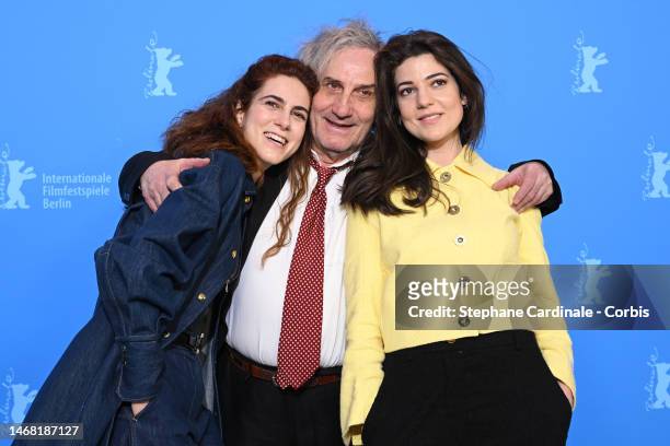 Lena Garrel, director and screenwriter Philippe Garrel and Esther Garrel attend the "Le grand chariot" premiere during the 73rd Berlinale...