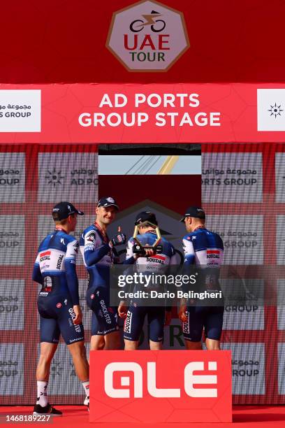 Pieter Serry of Belgium and Team Soudal Quick-Step celebrating on the podium as the winning team in the time trial during the 5th UAE Tour 2023,...