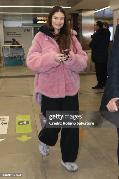 Bianca Balti is seen arriving at Malpensa Airport on February 21, 2023 in Milan, Italy.