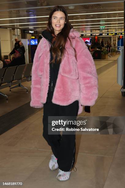 Bianca Balti is seen arriving at Malpensa Airport on February 21, 2023 in Milan, Italy.