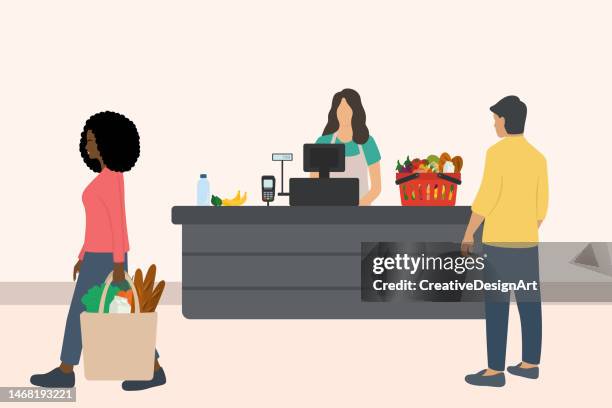 female cashier working at checkout in supermarket and male customer buying groceries. african woman carrying recycled shopping bag with fresh food - woman supermarket stock illustrations