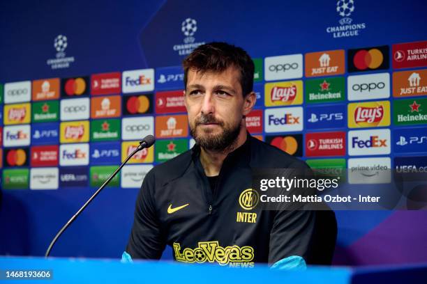 Francesco Acerbi of FC Internazionale speaks with the media during the press conference to present the UEFA Champions League match between FC...