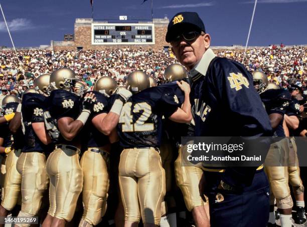 Lou Holtz, Head Coach for the Notre Dame Fighting Irish before the NCAA Independent Conference college football game against the University of Purdue...