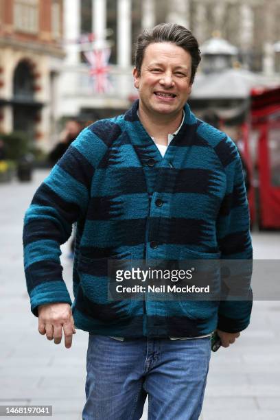 Jamie Oliver leaves Global Radio studios on February 21, 2023 in London, England.