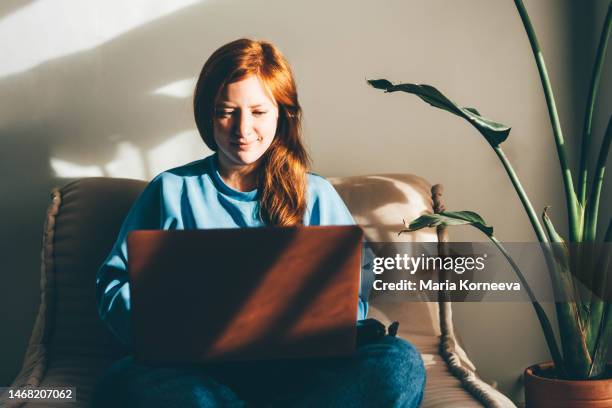 young woman with laptop working in living room. - procurar emprego imagens e fotografias de stock