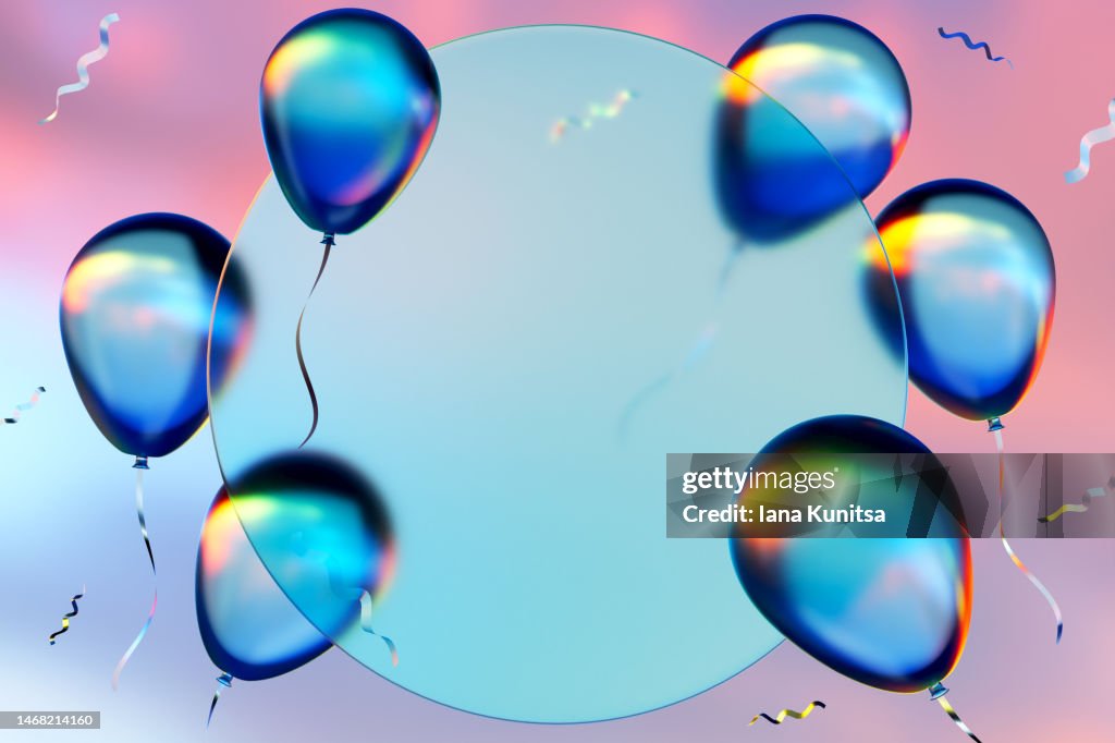 Multi colored balloons on pink, blue sky background. Beautiful 3D greeting backdrop, panoramic banner. Copy space.