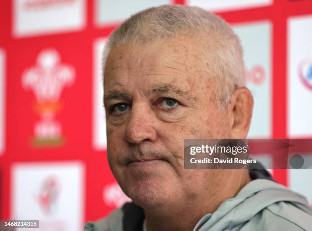 Warren Gatland, the Wales head coach, faces the media during the Wales media session held at The Vale Resort on February 21, 2023 in Vale of...