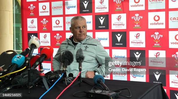 Warren Gatland, the Wales head coach, faces the media during the Wales media session held at The Vale Resort on February 21, 2023 in Vale of...