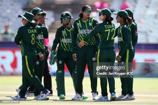 Sadia Iqbal of Pakistan celebrates the wicket of Alice Capsey of England during the ICC Women's T20 World Cup group B match between England and...