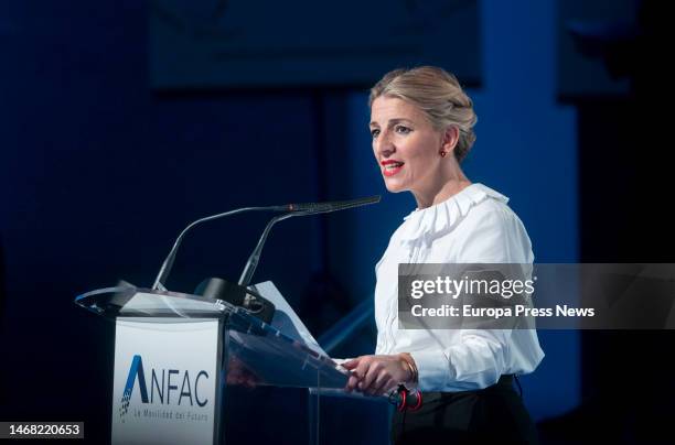 The Second Vice-President and Minister of Labor and Social Economy, Yolanda Diaz, closes the third edition of the ANFAC Forum, at the Palacio de...