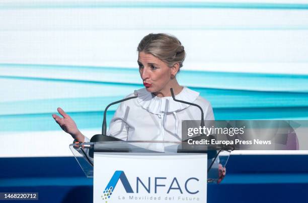 The Second Vice-President and Minister of Labor and Social Economy, Yolanda Diaz, closes the third edition of the ANFAC Forum, at the Palacio de...