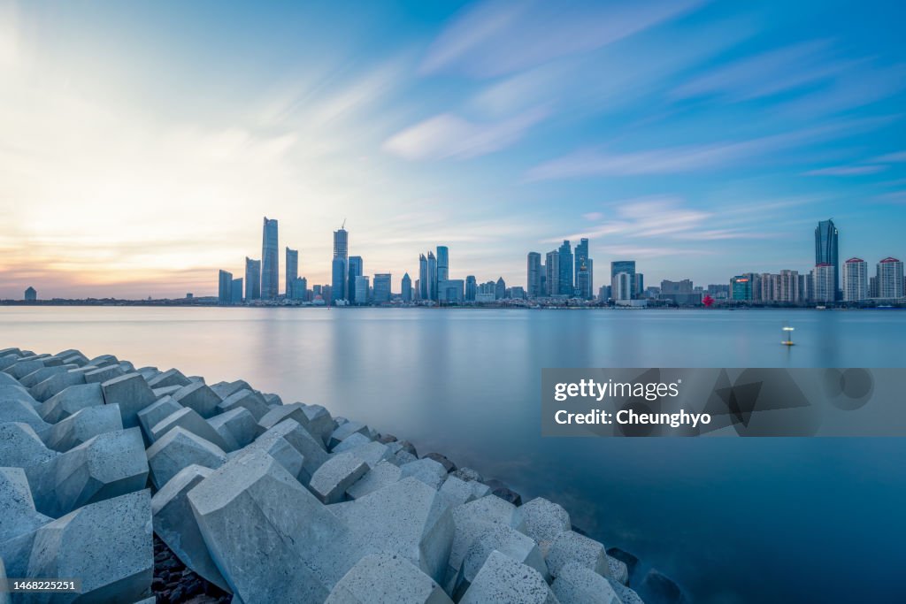 Qingdao City Skyline at Dusk, Qingdao City, Shandong Province, China, East Asia