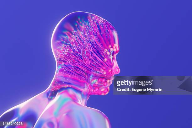 3d human glass head - blue sports ball stock pictures, royalty-free photos & images