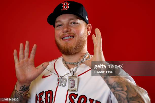 Alex Verdugo of the Boston Red Sox poses for a portrait during Boston Red Sox Photo Day at JetBlue Park at Fenway South on February 21, 2023 in Fort...