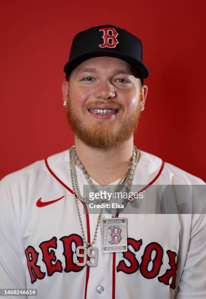 Alex Verdugo of the Boston Red Sox poses for a portrait during Boston Red Sox Photo Day at JetBlue Park at Fenway South on February 21, 2023 in Fort...