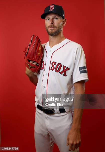 Chris Sale of the Boston Red Sox poses for a portrait during Boston Red Sox Photo Day at JetBlue Park at Fenway South on February 21, 2023 in Fort...