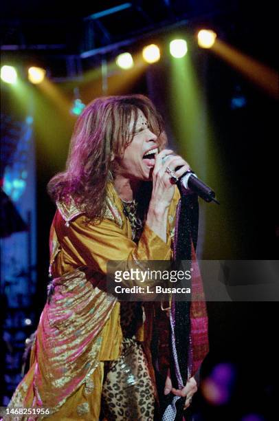 American rock band Aerosmith perform at the release party in support of their album "Nine Lives" on March 18, 1997 at The Hammerstein Ballroom in New...