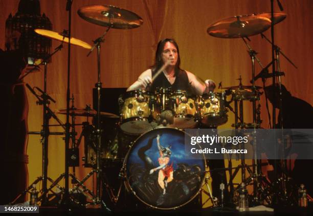 American rock band Aerosmith perform at the release party in support of their album "Nine Lives" on March 18, 1997 at The Hammerstein Ballroom in New...