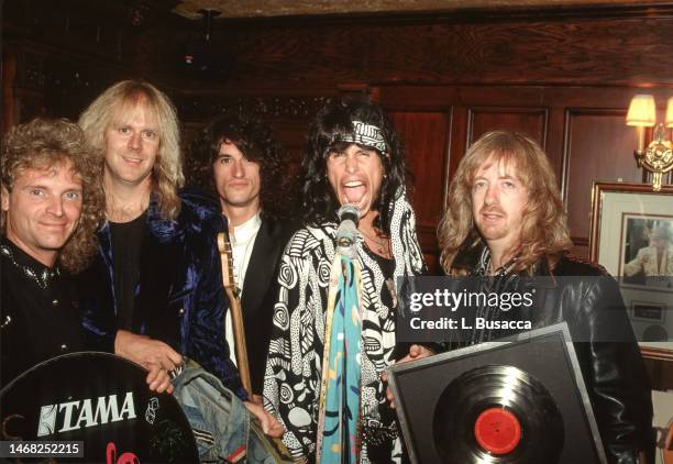 American rock band Aerosmith honored by the city of Boston, Massachusetts with a plaque declaring September 12th 1989 Aerosmith Day in Boston, MA on...