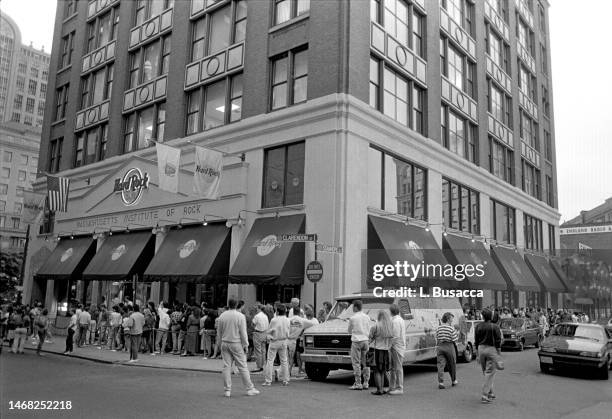 The scene outside of The Boston Hard Rock Cafe while inside, American rock band Aerosmith were being honored by the city of Boston, Massachusetts...