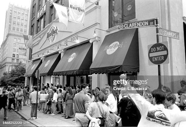 The scene outside of The Boston Hard Rock Cafe while inside, American rock band Aerosmith were being honored by the city of Boston, Massachusetts...