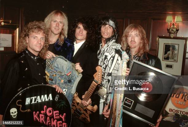 American rock band Aerosmith honored by the city of Boston, Massachusetts with a plaque declaring September 12th 1989 Aerosmith Day in Boston, MA on...
