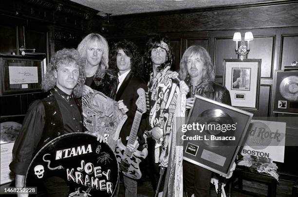 American rock band Aerosmith honored by the city of Boston, Massachusetts with a plaque declaring September 12th 1989 Aerosmith Day in Boston, MA on...